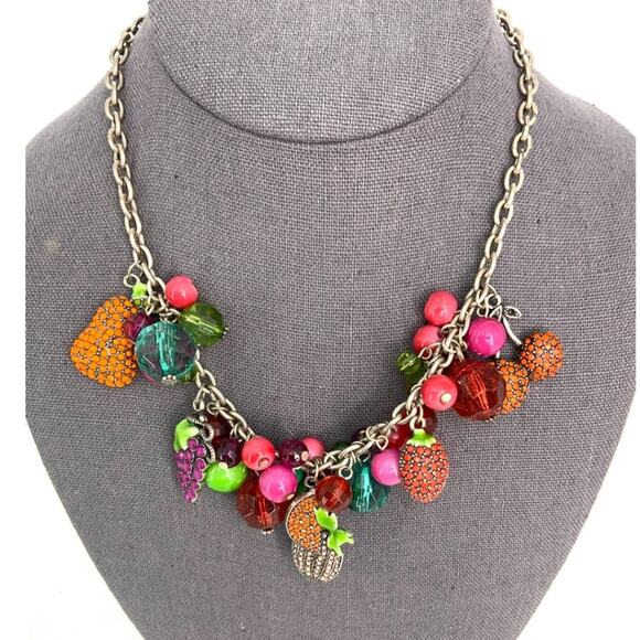 Vintage Signed Tropical Fruit Charm Glass Beaded Necklace - Picture 2 of 6